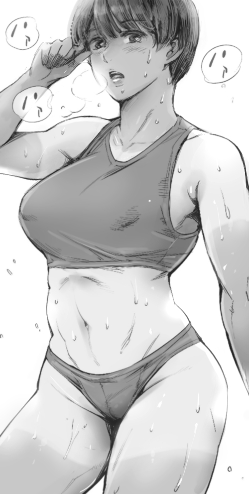 1girl breasts buruma covered_nipples cowboy_shot greyscale hand_up large_breasts looking_at_viewer maguro_teikoku monochrome navel open_mouth original short_hair solo sports_bra sweat tan tanline toned