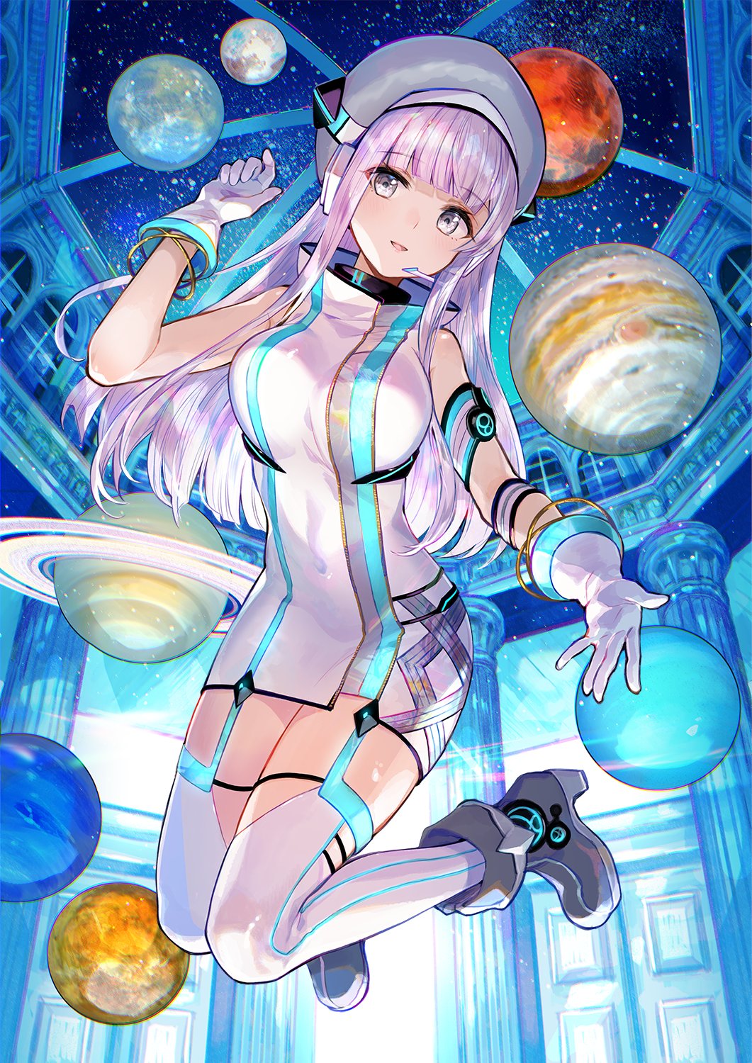 1girl bare_shoulders boots breasts character_request d4dj dress fuzichoco gloves grey_eyes grey_headwear hand_up hat headphones high_collar highres indoors large_breasts legs_up long_hair looking_at_viewer midair parted_lips planetarium sleeveless sleeveless_dress solo thigh-highs white_dress white_gloves white_hair white_legwear zettai_ryouiki