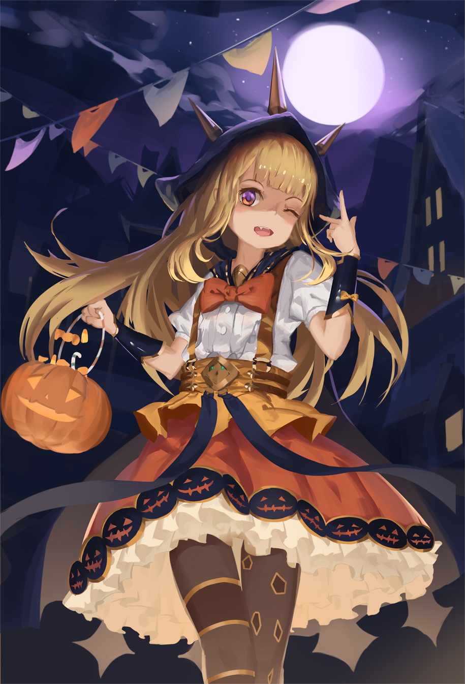 1girl belt bow cagliostro_(granblue_fantasy) dress fang frilled_dress frilled_skirt frills granblue_fantasy halloween highres holding_jack-o'-lantern hood moon newnand one_eye_closed open_mouth orange_bow salute skirt trick_or_treat two-finger_salute
