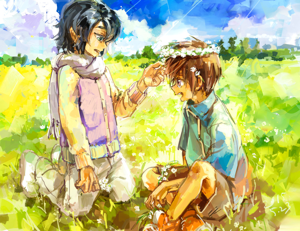 2boys athrun_zala blue_hair brown_hair child field flower_wreath green_eyes gundam gundam_seed head_wreath jtr kira_yamato male_focus multiple_boys outdoors scarf short_hair shorts sitting smile violet_eyes younger