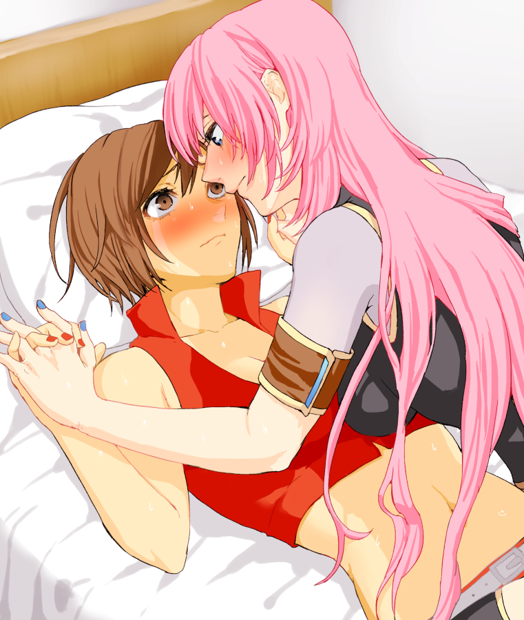 2girls bed blue_eyes blue_nails blush brown_eyes brown_hair closed_mouth collarbone commentary crop_top eye_contact girl_on_top high_collar holding_hands indoors interlocked_fingers long_hair looking_at_another lying megurine_luka meiko meiko_(vocaloid3) meriko midriff multiple_girls navel on_back pillow pink_hair red_nails red_shirt shirt short_hair sleeveless sleeveless_shirt vocaloid yuri