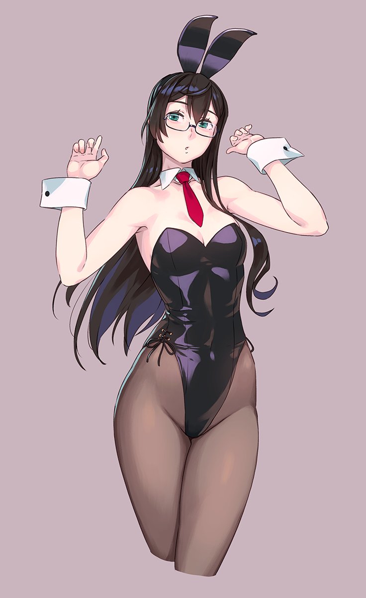 1girl animal_ears aqua_eyes black-framed_eyewear black_hair black_legwear black_leotard bunny_tail cropped_legs detached_collar fake_animal_ears fake_tail glasses grey_background hair_between_eyes highres kantai_collection leotard long_hair ooyodo_(kantai_collection) pantyhose rabbit_ears simple_background solo tail wrist_cuffs yuuji_(and)