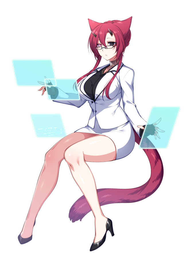 1girl animal_ears black_shirt breasts business_suit cat_ears cat_tail fingerless_gloves formal glasses gloves hair_between_eyes heterochromia high_heels holographic_interface horns invisible_chair konshin large_breasts looking_at_viewer pencil_skirt phantasy_star phantasy_star_online_2 redhead shirt short_hair_with_long_locks sitting skirt solo suit tail white_background white_suit