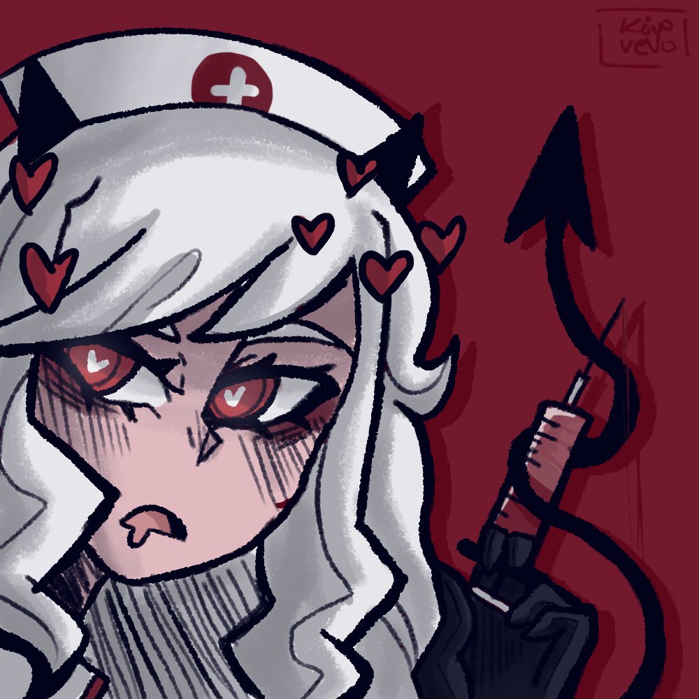 1girl :d black_gloves black_horns blood blush demon_girl demon_horns drooling eyebrows eyebrows_visible_through_hair gloves hat headshot heart heart_eyes helltaker horns icon kiyovero modeus_(helltaker) nurse nurse_cap open_mouth red_background red_eyes saliva smile syringe tail white_hair