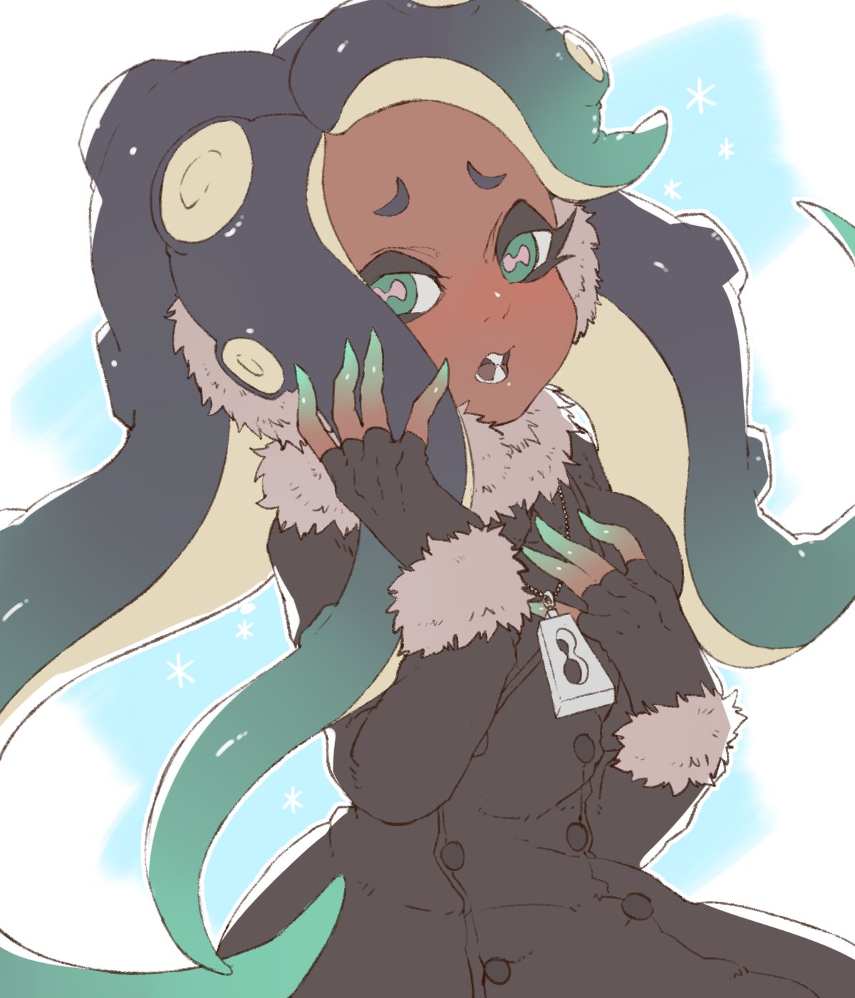 1girl aqua_hair aqua_skin black_collar black_gloves black_hair cephalopod_eyes coat collar commentary dark_skin finger_to_face fur-trimmed_coat fur_trim gloves gradient_hair green_eyes hand_in_hair hand_on_own_chest highres iida_(splatoon) light_frown long_hair long_sleeves looking_at_viewer makeup mascara mole mole_under_mouth multicolored multicolored_hair multicolored_skin octarian open_mouth pink_pupils prat_rat solo sparkle splatoon_(series) standing suction_cups tentacle_hair zipper_pull_tab