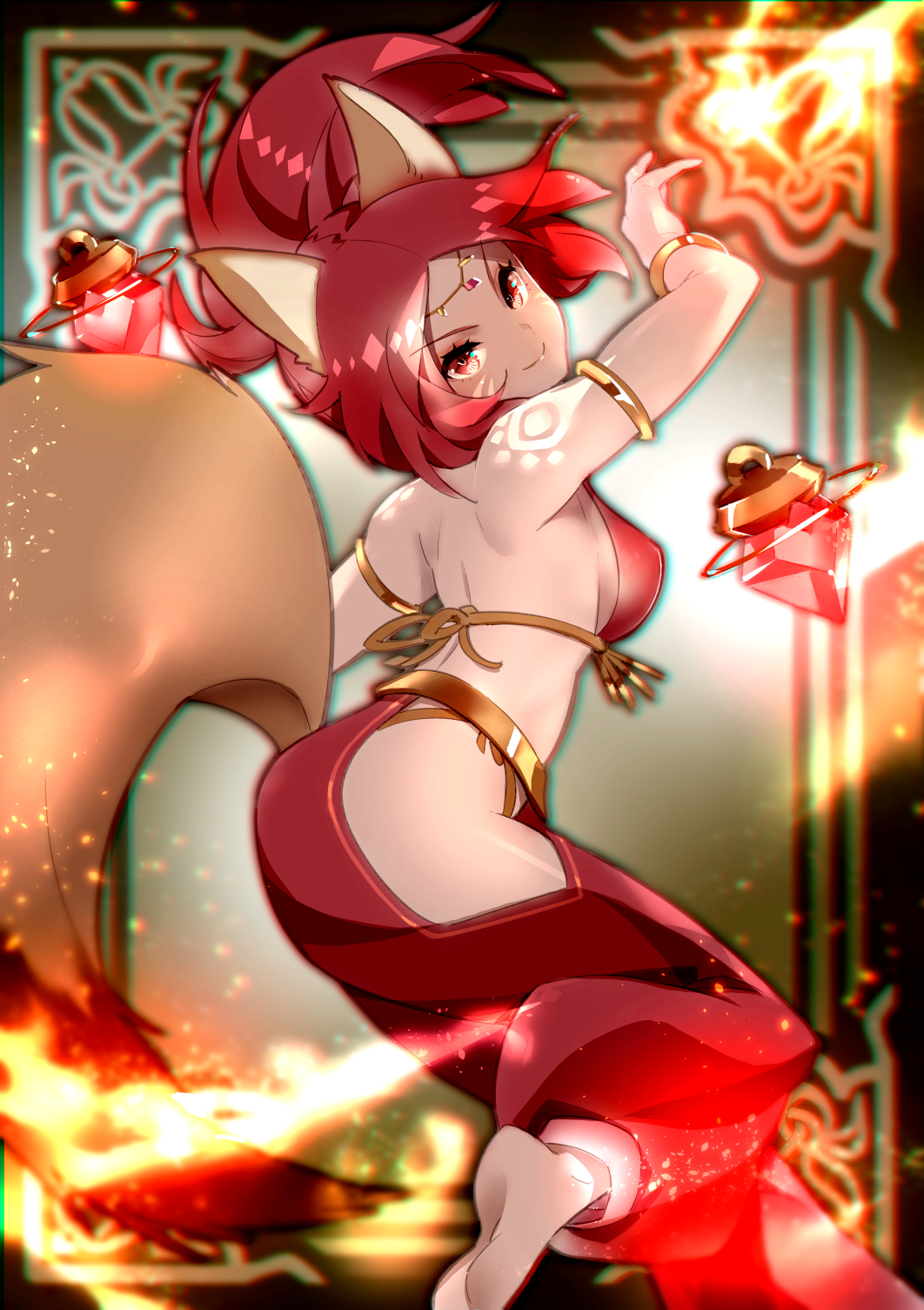 1girl afk_arena animal_ears arched_back armlet bare_shoulders barefoot bracelet breasts chromatic_aberration circlet closed_mouth eyebrows_visible_through_hair fire fox_ears fox_girl fox_tail harem_pants highres hip_vent jewelry long_hair looking_at_viewer medium_breasts pants ponytail red_eyes red_pants redhead satrana_(afk_arena) shoulder_tattoo sideboob smile solo tail tattoo tomoyuki_hino