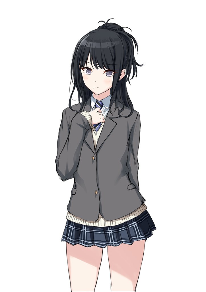 1girl arm_behind_back bangs black_hair black_skirt blue_neckwear blush cardigan closed_mouth cowboy_shot eyebrows_visible_through_hair grey_cardigan hand_on_own_chest idolmaster idolmaster_shiny_colors kazano_hiori long_hair long_sleeves looking_at_viewer miniskirt necktie pleated_skirt school_uniform skirt solo striped striped_neckwear suien thighs v-shaped_eyebrows violet_eyes