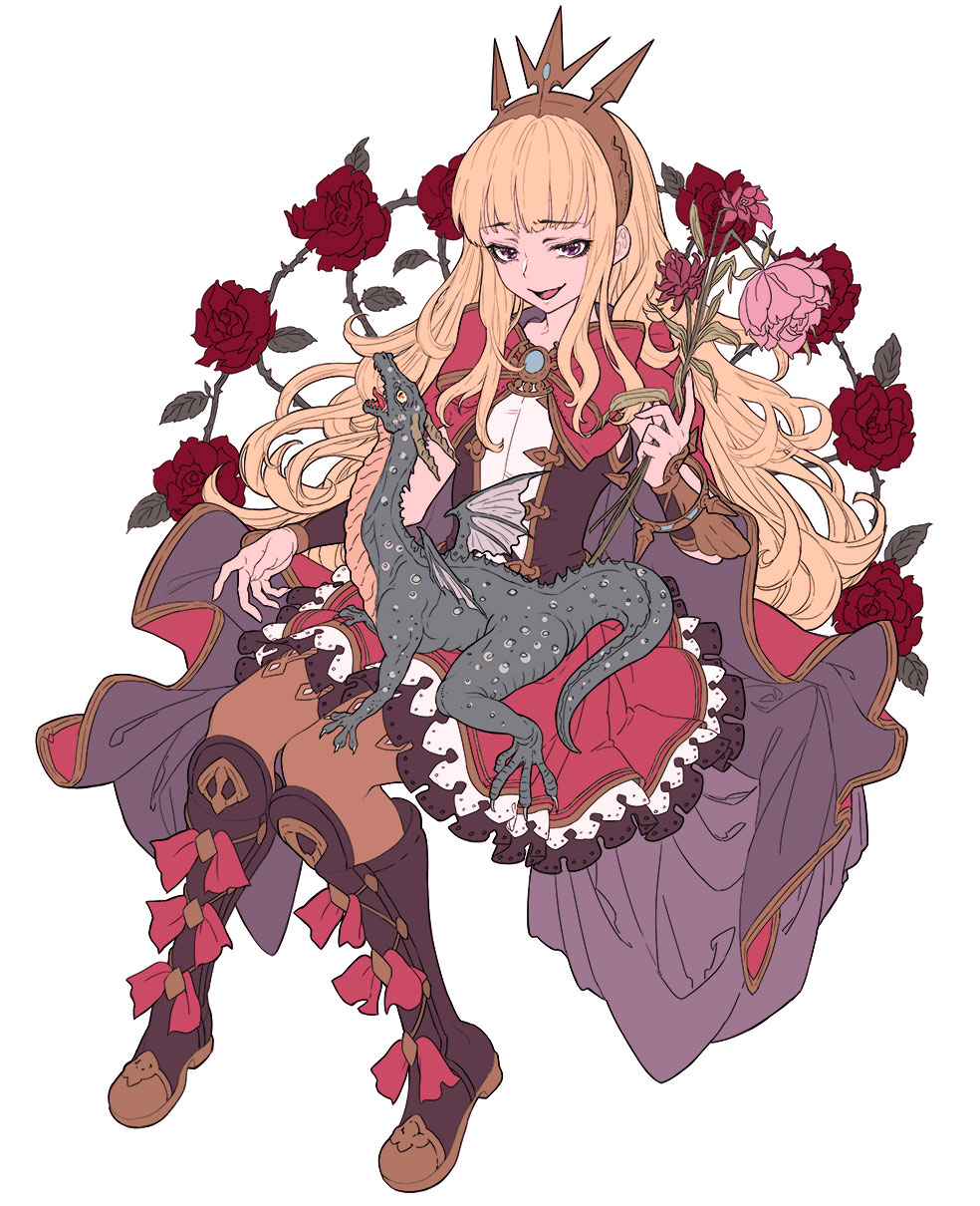 1girl blonde_hair bow brooch cagliostro_(granblue_fantasy) capelet cloak dress flower frilled_dress frilled_skirt frills granblue_fantasy headband highres holding holding_flower hori_airi jewelry long_hair open_mouth plant red_bow red_neckwear rose sitting skirt vines