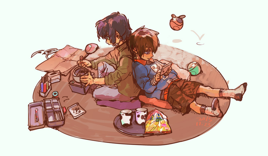 2boys athrun_zala back-to-back bag_of_chips blue_hair brown_hair child chips cup food gundam gundam_seed haro holding holding_wrench kira_yamato multiple_boys short_hair shorts sitting snack toolbox tools wrench younger