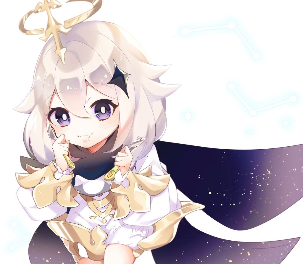 1girl blue_eyes cape dress genshin_impact halo looking_at_viewer paimon_(genshin_impact) scarf short_hair toatin54 white_background white_dress white_hair