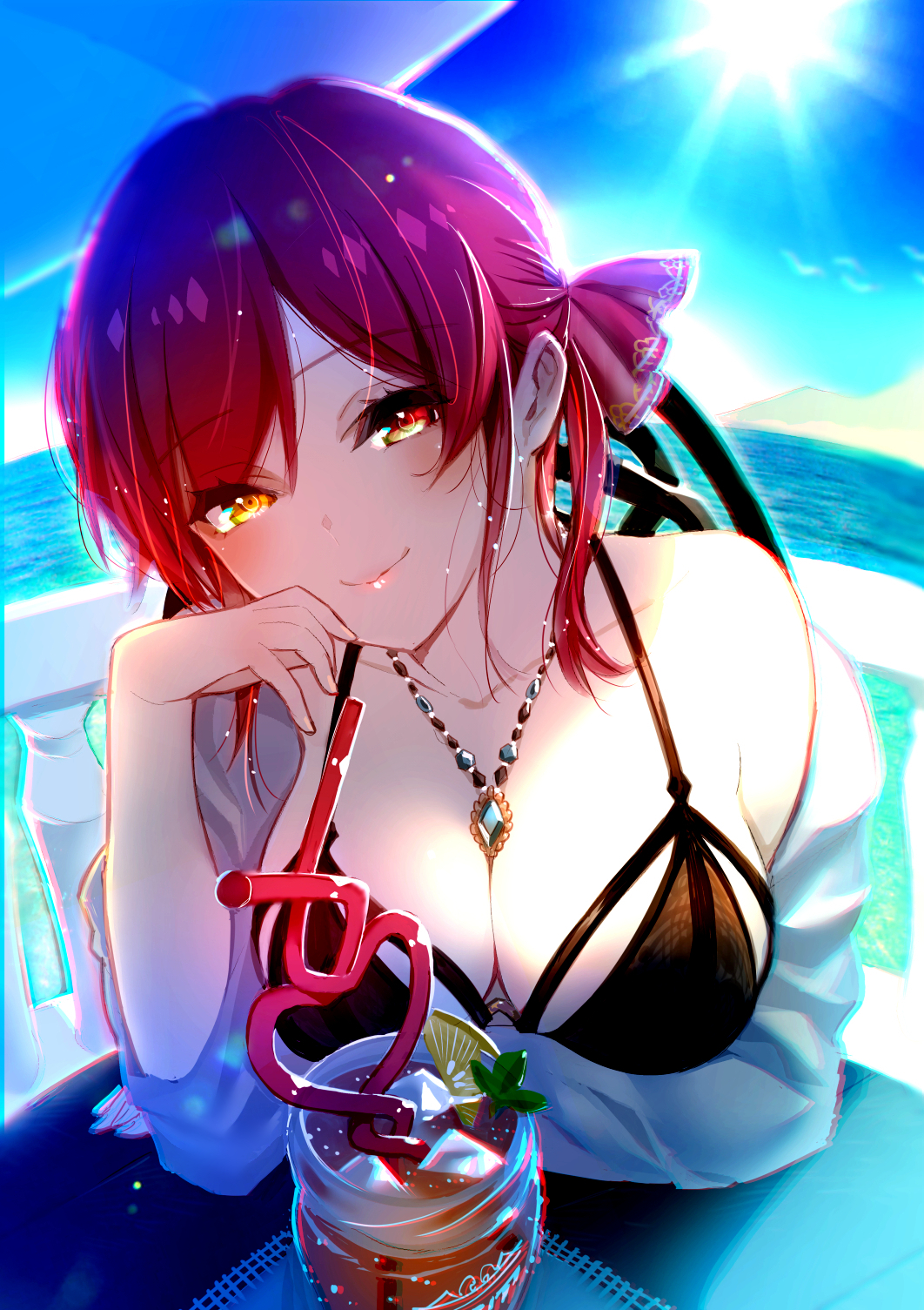 1girl bangs bare_shoulders bikini black_bikini blush breasts collarbone crazy_straw day drinking_straw eyebrows_visible_through_hair hair_ribbon heart_straw heterochromia highres hololive houshou_marine jewelry large_breasts long_hair looking_at_viewer necklace off_shoulder outdoors red_eyes redhead ribbon smile solo swimsuit table tomoyuki_hino twintails virtual_youtuber wet yellow_eyes