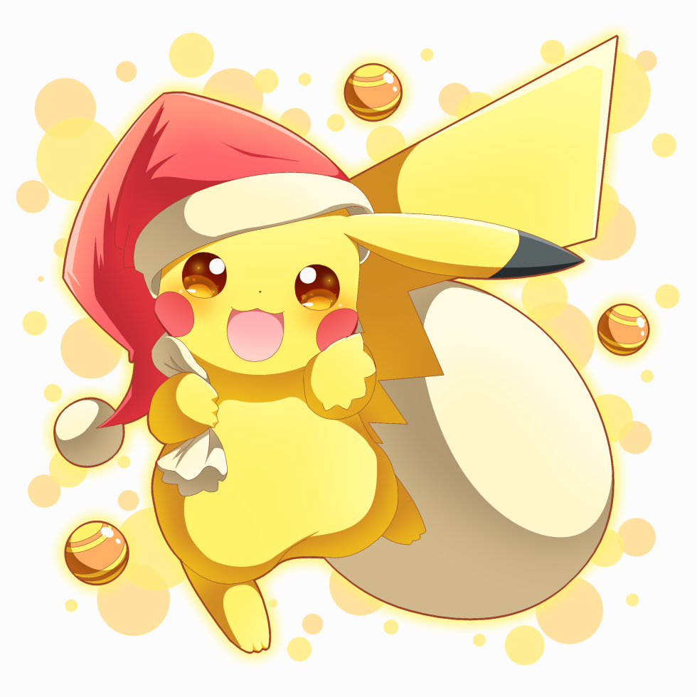 blush brown_eyes commentary_request full_body gen_1_pokemon hat holding holding_sack looking_at_viewer neru_(neruneruru) no_humans open_mouth paws pikachu pokemon pokemon_(creature) red_headwear sack santa_hat smile tongue