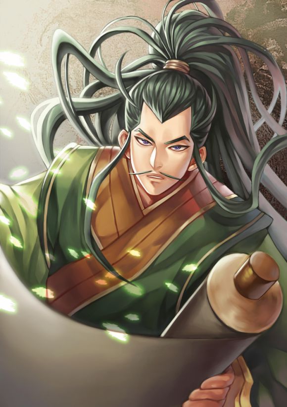 1boy black_eyes black_hair chinese_clothes fa_zheng facial_hair green_robe holding holding_scroll long_hair looking_at_viewer male_focus mustache sangokushi_puzzle_taisen scroll solo upper_body very_long_hair winter_(winter168883)