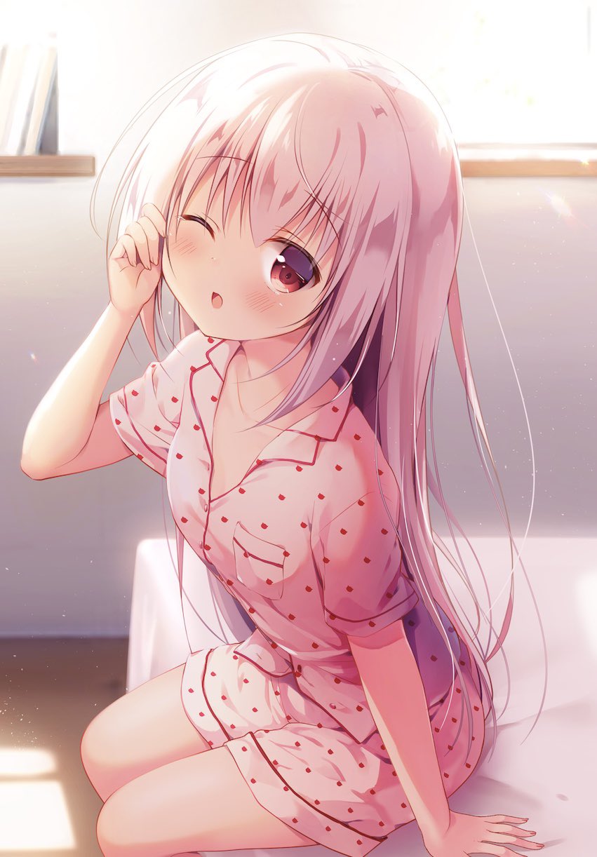 1girl arm_support bangs bed blush collared_shirt commentary_request dress_shirt eyebrows_visible_through_hair feet_out_of_frame hair_between_eyes hand_up highres indoors long_hair looking_at_viewer miyasaka_nako on_bed one_eye_closed original parted_lips pink_hair pink_shirt pink_shorts red_eyes shirt short_shorts shorts sitting sitting_on_bed sleepy solo very_long_hair waking_up