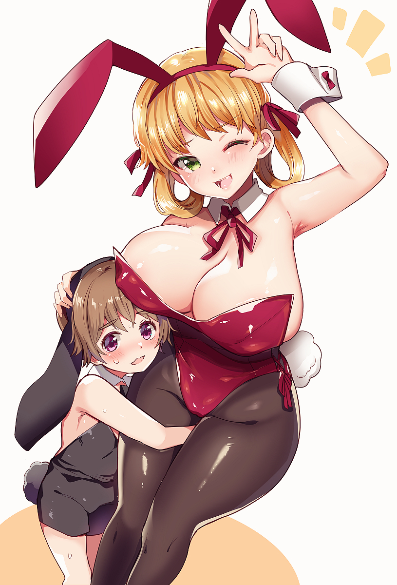 1boy 1girl age_difference animal_ears bangs black_legwear black_leotard blonde_hair blush breasts brown_hair bunny_tail covered_nipples detached_collar fake_animal_ears green_eyes height_difference highres huge_breasts leg_cling leotard male_playboy_bunny meisuke_mei one_eye_closed original otoko_no_ko pantyhose playboy_bunny rabbit_ears red_leotard red_neckwear ribbon tail thick_thighs thighs violet_eyes white_background wrist_cuffs