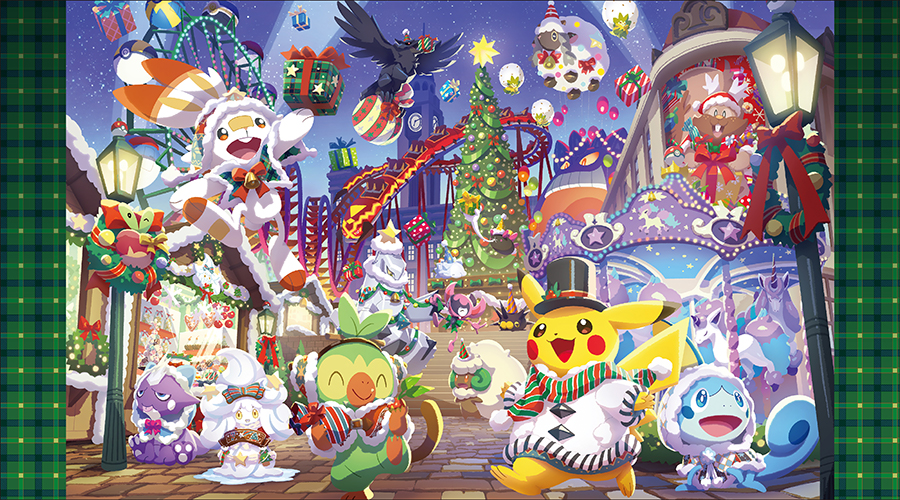 alcremie box building christmas christmas_tree clothed_pokemon corviknight duraludon eldegoss galarian_form galarian_ponyta gen_1_pokemon gen_5_pokemon gen_8_pokemon gift gift_box greedent grookey hatted_pokemon impidimp lamppost luxury_ball night no_humans official_art outdoors pikachu pincurchin poke_ball poke_ball_(basic) pokemon pokemon_(creature) quick_ball roller_coaster scorbunny sobble star_(sky) toxel ultra_ball whimsicott wooloo wreath