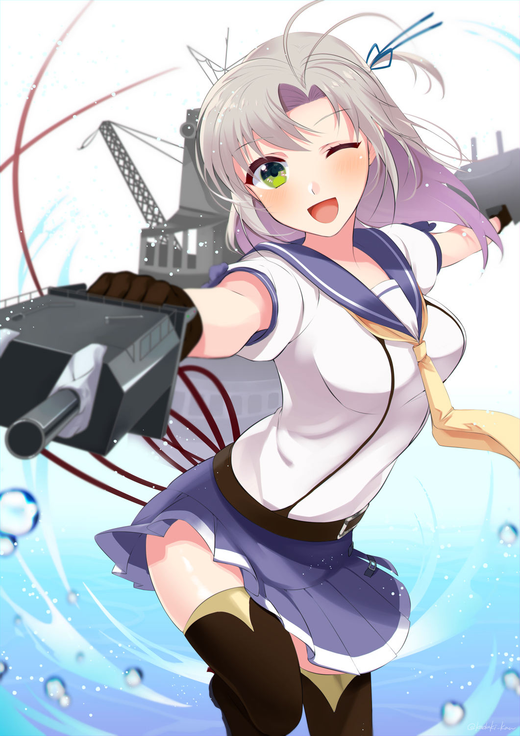 1girl antenna_hair belt black_legwear breasts cannon eyebrows_visible_through_hair green_eyes grey_hair hair_ribbon hair_tie highres kantai_collection kazuki_kan kinugasa_(kantai_collection) medium_breasts necktie one_eye_closed one_side_up open_mouth remodel_(kantai_collection) ribbon smile solo standing standing_on_one_leg thigh-highs turret water white_background yellow_neckwear