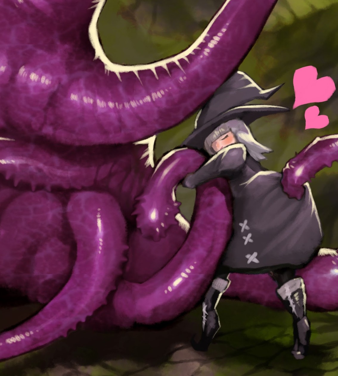 1girl blue_lips blue_lipstick blush closed_eyes crack cracked_floor cropped dress fantasy grey_dress grey_eyes grey_footwear grey_headwear hat heart highres hug lipstick makeup monster original pulling smile sumosamo tentacles tongue tongue_out veins witch witch_hat