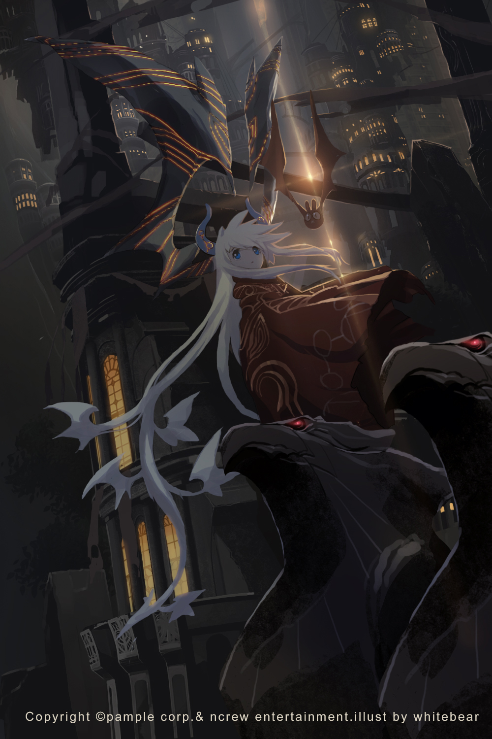 1girl absurdly_long_hair bat blue_eyes city_lights cloak closed_mouth highres horns long_hair night outdoors pale_skin solo statue very_long_hair watermark white_hair whitebear wings