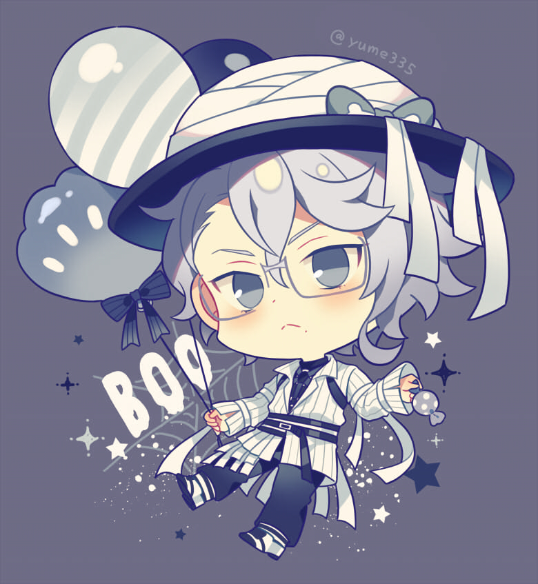 1boy alternate_costume azul_ashengrotto balloon blue_eyes candy chibi collared_shirt food glasses halloween_costume hat long_sleeves looking_at_viewer male_focus mole mole_under_mouth mummy_costume official_alternate_costume ribbon shirt silver_hair solo twisted_wonderland white_shirt yumenouchi_chiharu