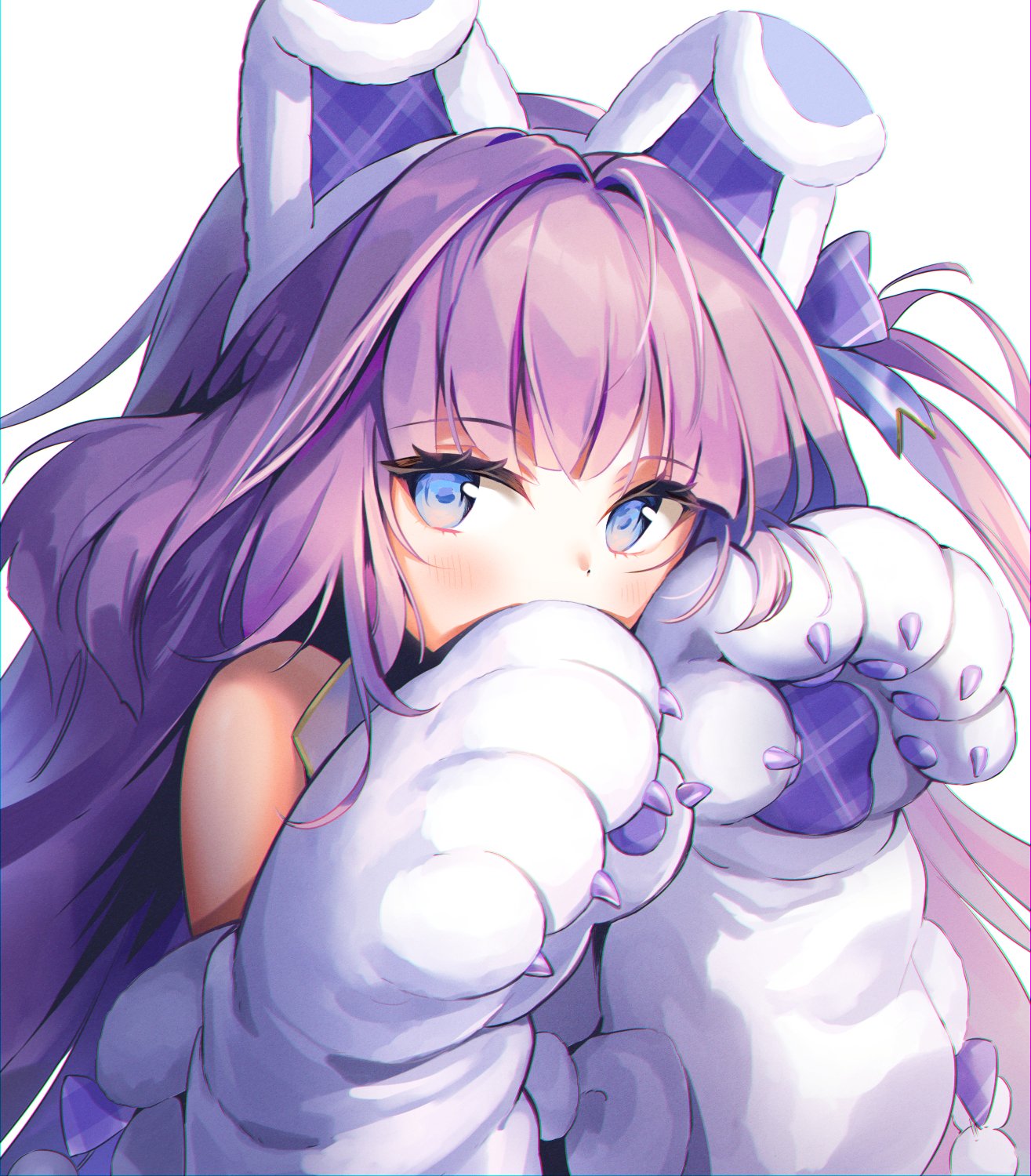 1girl animal_ears azur_lane bare_shoulders blue_eyes bow covering_mouth fake_animal_ears fur_trim gloves hair_bow hairband highres jacket kiyosato_0928 long_hair long_sleeves looking_at_viewer off_shoulder one_side_up paw_gloves paws puffy_sleeves purple_hair sleeveless solo tashkent_(azur_lane) tashkent_(muse)_(azur_lane) upper_body white_jacket
