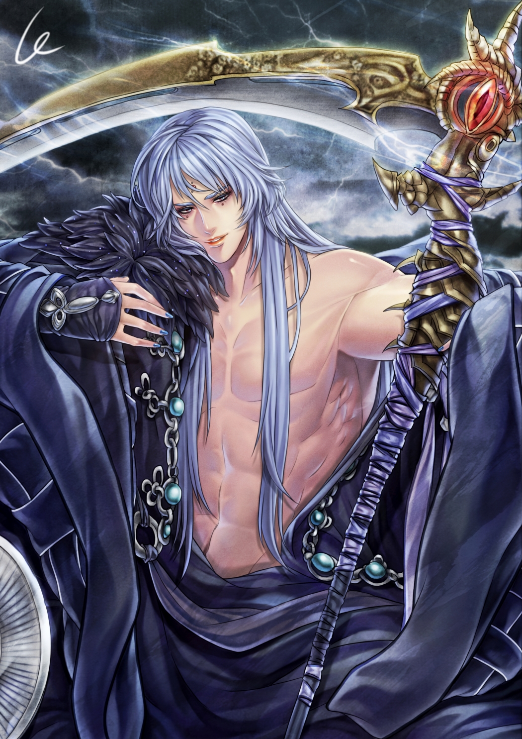 1boy abs blue_hair blue_nails facial_mark forehead_mark grey_sky highres holding holding_scythe male_focus mole mole_under_eye original outdoors parted_lips scythe solo wide_sleeves winter_(winter168883)