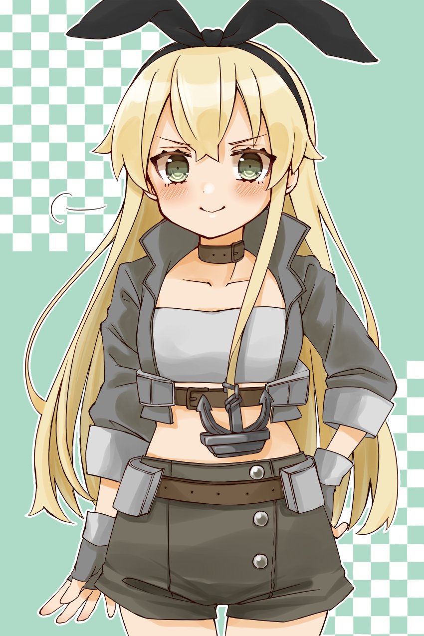 1girl anchor_hair_ornament black_shorts blonde_hair cocoperino commentary_request cosplay cowboy_shot fingerless_gloves gloves green_background grey_eyes grey_gloves grey_jacket hair_ornament hand_on_hip highres jacket kantai_collection long_hair looking_at_viewer midriff nelson_(kantai_collection) nelson_(kantai_collection)_(cosplay) racequeen shimakaze_(kantai_collection) shorts solo strapless tubetop