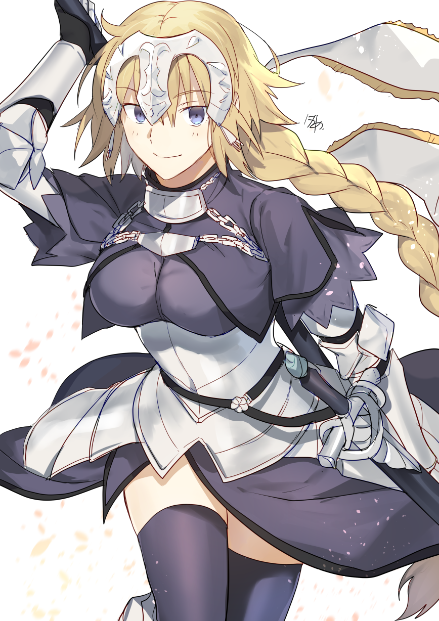 1girl armor armored_dress blonde_hair breasts fate/apocrypha fate/grand_order fate_(series) gloves hair_between_eyes headpiece highres jeanne_d'arc_(fate) jeanne_d'arc_(fate)_(all) large_breasts looking_at_viewer nikame over_shoulder polearm purple_legwear ruler_(fate/apocrypha) smile solo standard_bearer sword sword_over_shoulder thigh-highs thighs violet_eyes weapon weapon_over_shoulder white_background