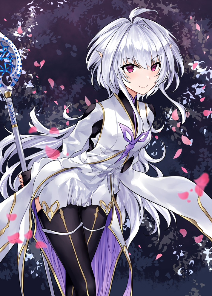 1girl ahoge asle bangs black_gloves black_pants blush breasts fate/grand_order fate/prototype fate_(series) fingerless_gloves gloves holding holding_staff hooded_robe long_hair long_sleeves looking_at_viewer medium_breasts merlin_(fate/prototype) pants petals robe smile staff white_hair white_robe wide_sleeves