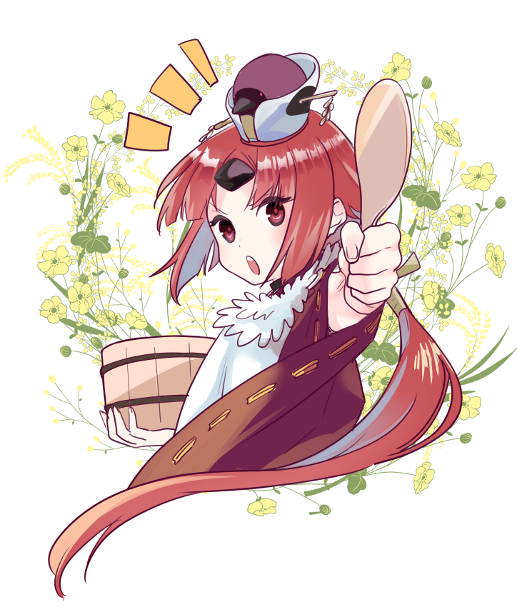 1girl apron bangs benienma_(fate/grand_order) cropped_torso eyebrows_visible_through_hair fate/grand_order fate_(series) hat hinoya holding japanese_clothes long_hair long_sleeves looking_at_viewer low_ponytail open_mouth parted_bangs red_eyes redhead rice_spoon solo very_long_hair white_apron wide_sleeves