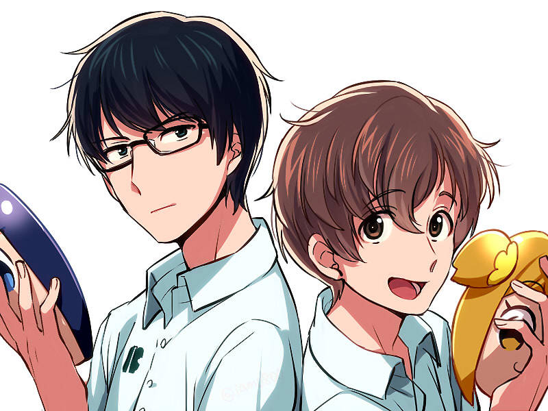 2boys :d bangs black-framed_eyewear black_hair brown_eyes brown_hair buttons character_mask closed_mouth collared_shirt commentary_request dated_commentary dress_shirt eyebrows_visible_through_hair glasses hair_between_eyes holding holding_mask ishikawa_kaito looking_at_viewer male_focus mask multiple_boys nine_(zankyou_no_terror) open_mouth pipimi poptepipic popuko saitou_souma sayshownen school_uniform seiyuu_connection shirt short_hair simple_background smile twelve_(zankyou_no_terror) upper_body white_background white_shirt zankyou_no_terror