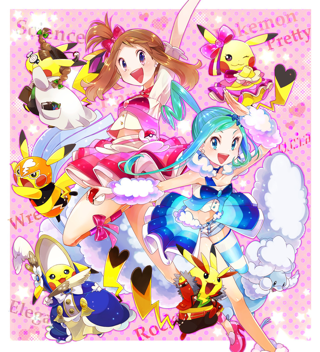 2girls altaria aqua_hair arm_up blue_eyes blush border bow brown_hair commentary_request cosplay_pikachu earrings eyelashes gen_1_pokemon gen_3_pokemon hair_bow heart jewelry lisia_(pokemon) long_hair may_(pokemon) multiple_girls navel open_mouth outside_border pikachu pink_bow poke_ball pokemon pokemon_(creature) pokemon_(game) pokemon_oras sasairebun shiny shiny_hair short_sleeves single_thighhigh skirt smile striped striped_legwear teeth thigh-highs tongue white_border