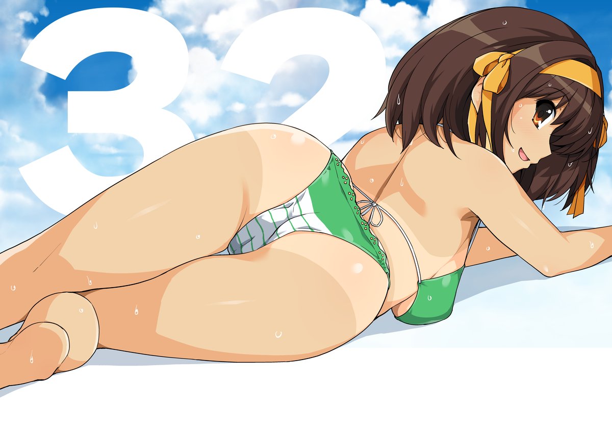 1girl bare_arms bare_legs bare_shoulders bikini breasts brown_eyes brown_hair commentary_request from_behind green_bikini hair_ribbon hairband haruhisky looking_at_viewer looking_back lying medium_breasts medium_hair on_stomach open_mouth ribbon smile solo suzumiya_haruhi suzumiya_haruhi_no_yuuutsu swimsuit tan tanline wet yellow_hairband