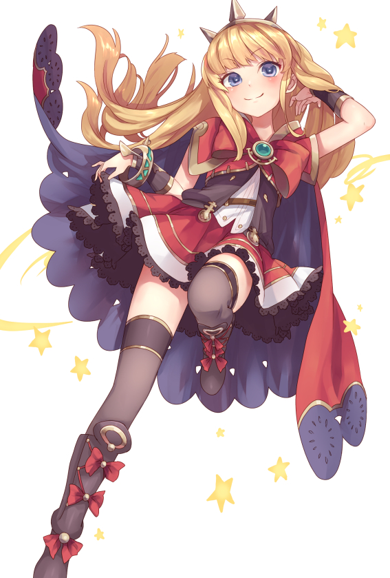1girl blonde_hair blue_eyes bow brooch cagliostro_(granblue_fantasy) capelet cloak dress frilled_dress frilled_skirt frills granblue_fantasy hand_in_hair headband jewelry long_hair pimgier red_bow skirt smile