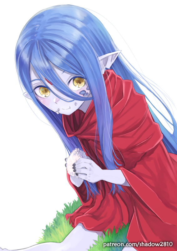 1girl artist_name black_nails blue_hair cloak dungeon_ni_deai_wo_motomeru_no_wa_machigatteiru_darou_ka eating feet_out_of_frame food forehead_jewel grass grey_skin hair_between_eyes onigiri pointy_ears red_cloak scales shadow2810 simple_background sitting smile watermark web_address white_background wiene yellow_eyes