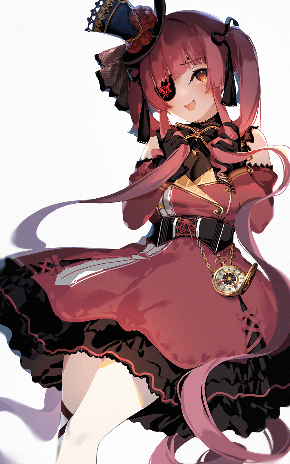 1girl arrow_through_heart bangs bare_shoulders black_eyepatch black_gloves black_neckwear black_ribbon blush bodystocking bow bowtie breasts corset detached_sleeves dress eyebrows_visible_through_hair flower frilled_dress frilled_sleeves frills gloves gothic_lolita hair_ribbon hat hat_flower highres hololive houshou_marine lolita_fashion long_hair looking_at_viewer mania_(fd6060_60) mini_hat mini_top_hat open_mouth pocket_watch red_dress red_eyes red_sleeves redhead ribbon smile solo top_hat twintails underbust virtual_youtuber watch white_legwear