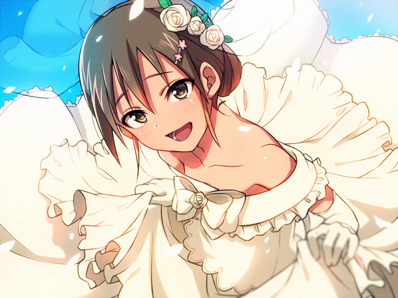 1girl :d bangs bare_shoulders blue_background blurry blush brown_eyes brown_hair commentary_request dated_commentary depth_of_field dress elbow_gloves flower frills gloves hair_between_eyes hair_flower hair_ornament hairclip happy looking_at_viewer minowa_gin open_mouth petals rose sayshownen short_hair smile solo standing strapless strapless_dress twitter_username upper_body washio_sumi_wa_yuusha_de_aru watermark wedding_dress white_dress white_flower white_gloves white_rose yuusha_de_aru