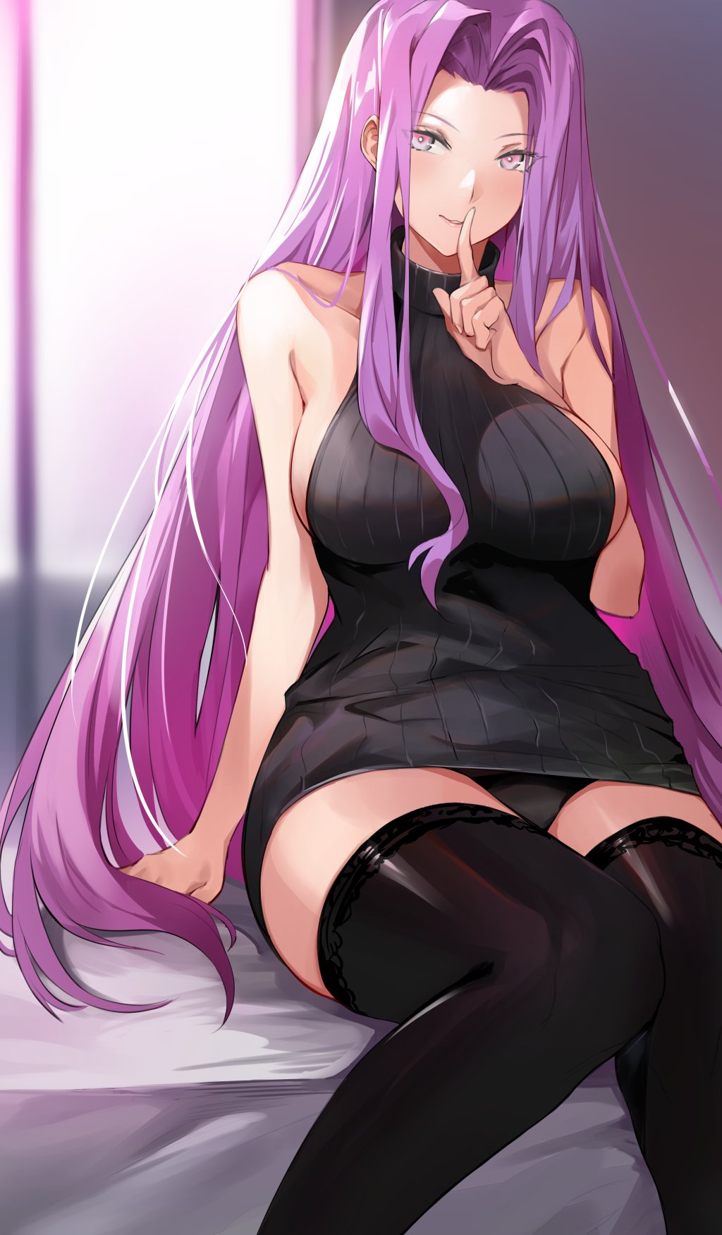1girl arm_support bare_shoulders bed black_panties breasts collarbone cropped eyes_visible_through_hair fate/stay_night fate_(series) finger_to_mouth heaven's_feel highres indoors large_breasts long_hair looking_at_viewer nr_noir panties purple_hair ribbed_sweater rider sidelocks sitting sleeveless sleeveless_turtleneck smile sweater thigh-highs turtleneck underwear very_long_hair violet_eyes zettai_ryouiki