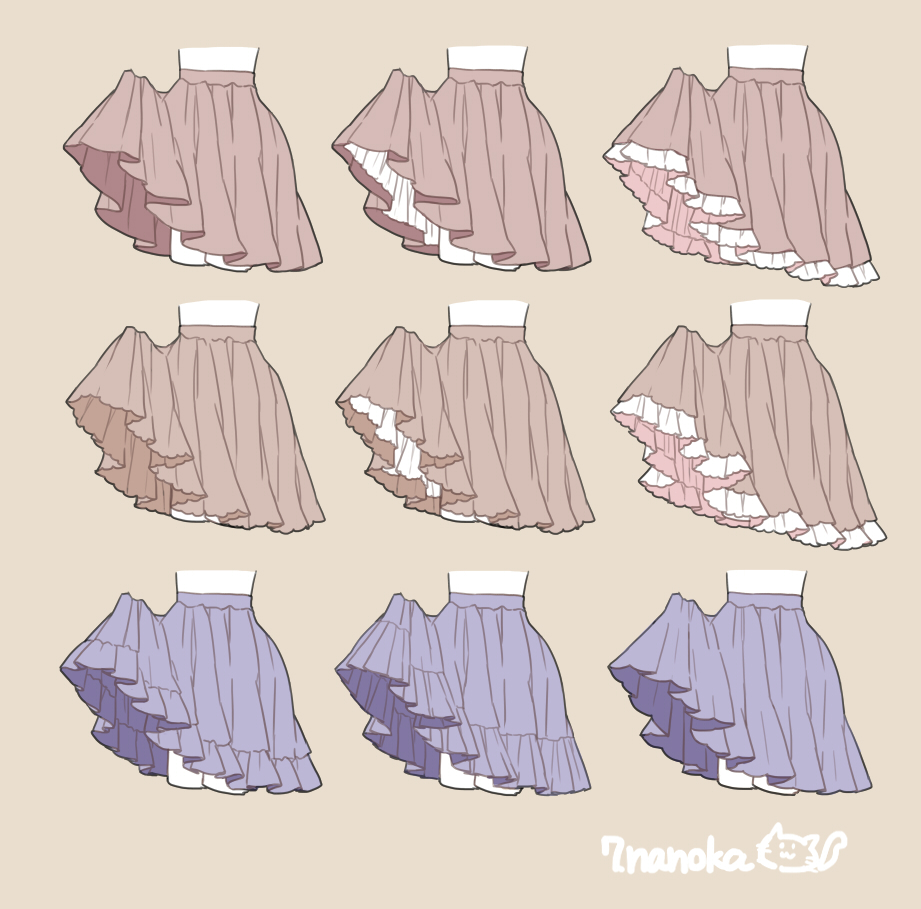 blue_skirt brown_background frills nanananoka no_humans orange_skirt original pleated_skirt red_skirt signature simple_background skirt skirt_hold variations