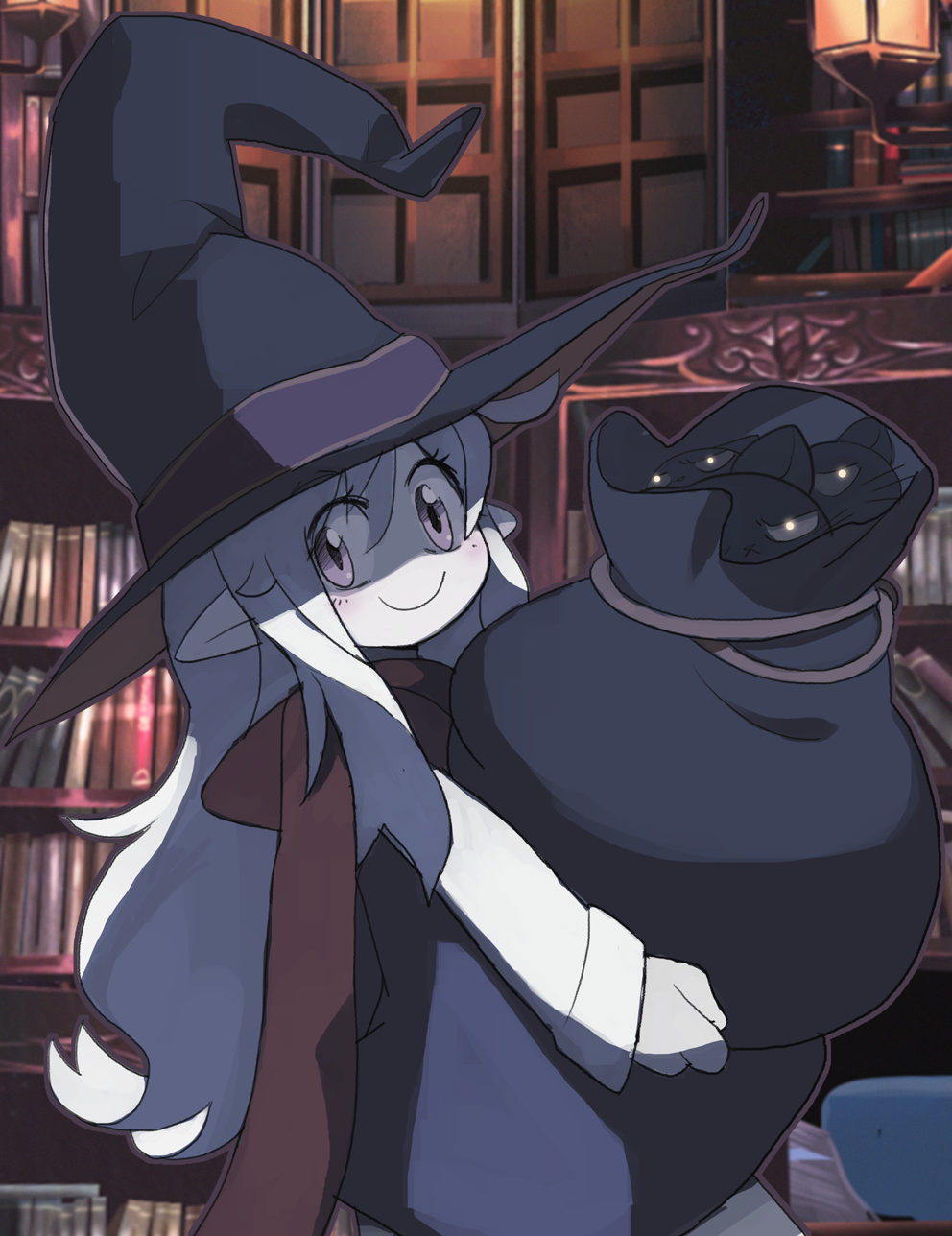 1girl book bookshelf closed_mouth crusaders_quest grey_headwear hat highres holding holding_sack long_sleeves looking_at_viewer pointy_ears red_scarf sack scarf smile solo standing violet_eyes white_skin whitebear witch_hat