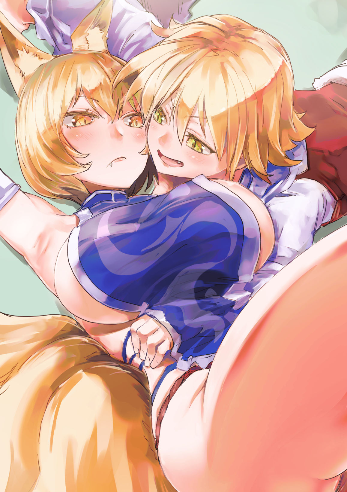 2girls animal_ears arm_under_breasts breasts fang fox_ears fox_tail fundoshi hand_under_clothes highres japanese_clothes large_breasts looking_at_another multiple_girls multiple_tails no_bra no_pants short_hair slit_pupils tail toramaru_shou touhou yakumo_ran yellow_eyes yohane yuri