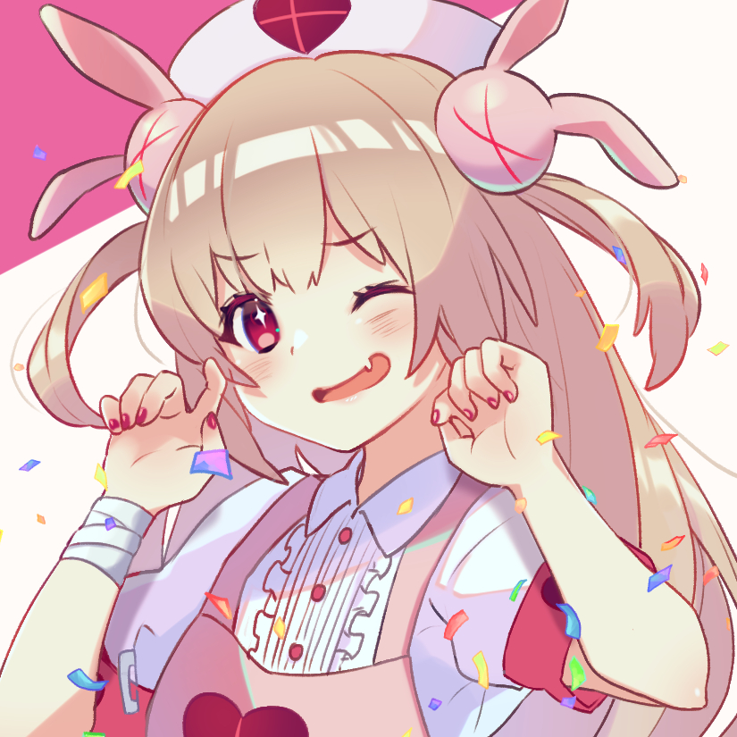 &gt;_&lt; +_+ 1girl apron armband bandaged_arm bandages blush brown_background brown_hair bunny_hair_ornament center_frills collared_shirt confetti fang frills hair_ornament hands_up hat heart long_hair nail_polish natori_sana nekomitei nurse nurse_cap one_eye_closed open_mouth pink_apron puffy_short_sleeves puffy_sleeves purple_background red_eyes red_nails safety_pin sana_channel shirt short_sleeves solo two-tone_background two_side_up upper_body virtual_youtuber white_headwear white_shirt