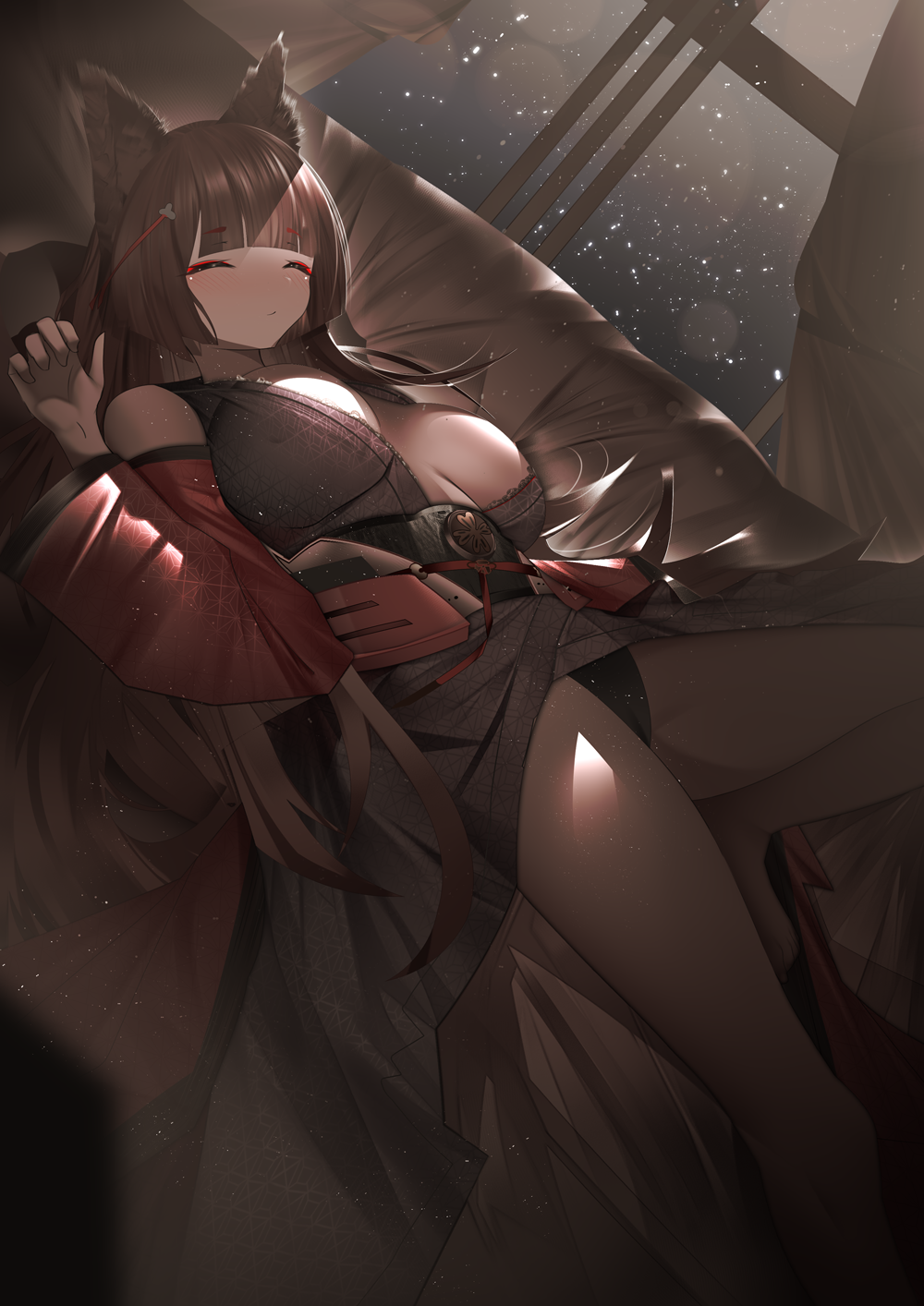 1girl amagi_(azur_lane) animal_ear_fluff animal_ears azur_lane bangs bare_legs barefoot black_kimono black_panties blunt_bangs blush breasts breasts_apart brown_hair closed_eyes closed_mouth curtains dutch_angle eyebrows_visible_through_hair fox_ears gdat highres indoors japanese_clothes kimono knee_up large_breasts long_hair long_sleeves lying night obi on_back open_clothes open_kimono panties sash short_kimono sleeping solo straight_hair underwear very_long_hair wide_sleeves window