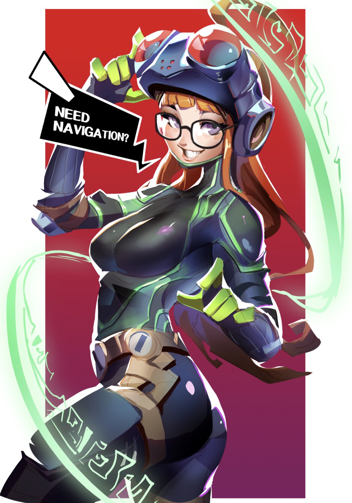 1girl ass bangs black-framed_eyewear black_bodysuit blunt_bangs bodysuit border breasts commentary elbow_pads english_commentary english_text glasses grin head_mounted_display highres lips long_hair looking_back medium_breasts neon_trim orange_hair outside_border persona persona_5 persona_5_the_royal reagan_long red_background sakura_futaba skin_tight smile solo twisted_torso violet_eyes white_border