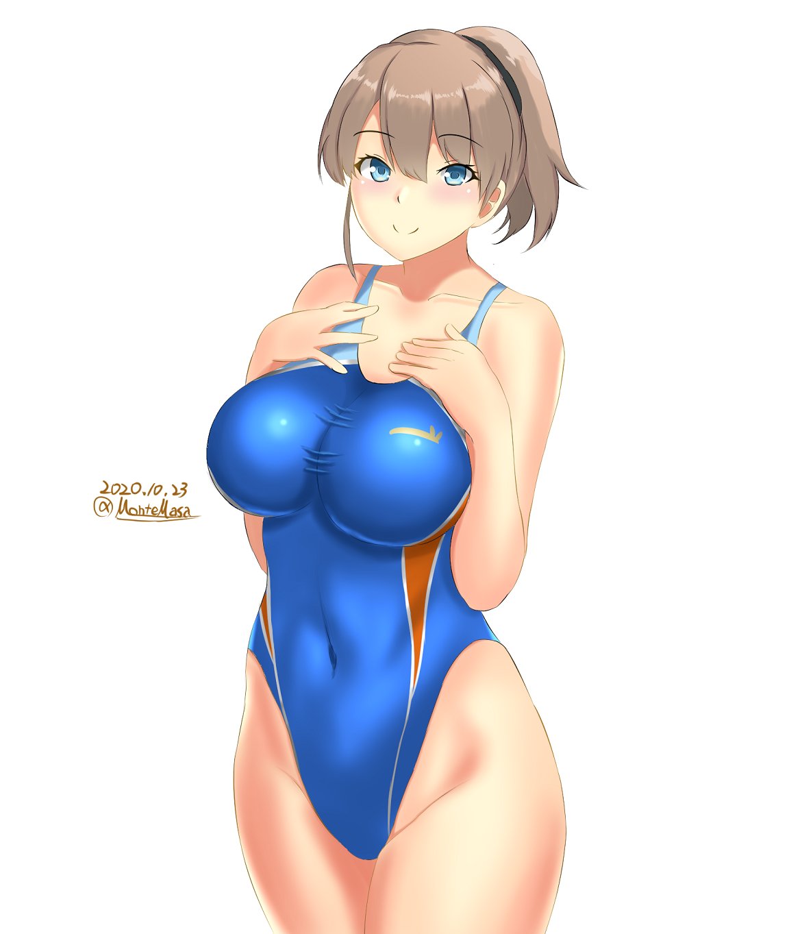 1girl blue_eyes blue_swimsuit blush borrowed_design breasts brown_hair closed_mouth collarbone competition_swimsuit covered_navel dated eyebrows_visible_through_hair hair_between_eyes hands_on_own_chest highleg highleg_swimsuit highres holding holding_torpedo impossible_clothes impossible_swimsuit intrepid_(kantai_collection) kantai_collection large_breasts looking_at_viewer montemasa one-piece_swimsuit ponytail short_hair simple_background smile solo swimsuit torpedo twitter_username white_background