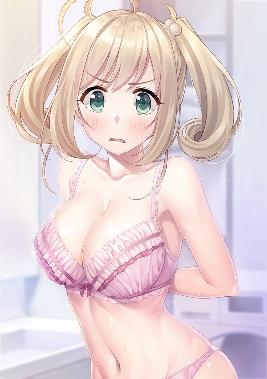 1girl blonde_hair bra breasts brown_eyes highres idolmaster idolmaster_cinderella_girls large_breasts looking_at_viewer medium_hair navel panties pink_bra pink_panties satou_shin solo twintails underwear yamakaze_ran