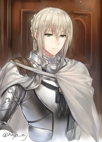 1boy armor bedivere blonde_hair braid breastplate cape door fate/grand_order fate_(series) green_eyes hair_between_eyes izura_mari long_hair ponytail sidelocks upper_body white_cape