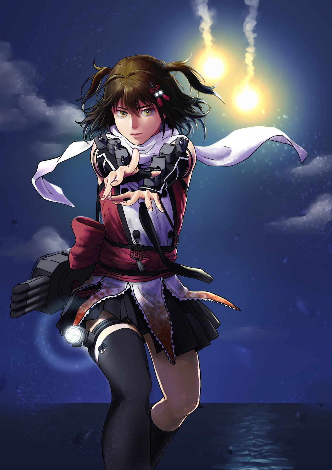1girl asymmetrical_legwear black_gloves black_legwear black_skirt brown_eyes brown_hair clouds double-breasted elbow_gloves feet_out_of_frame fingerless_gloves gauntlets gloves highres horizon kantai_collection kneehighs night night_sky ocean outdoors pleated_skirt pose remodel_(kantai_collection) scarf school_uniform searchlight sendai_(kantai_collection) serafuku single_kneehigh single_thighhigh skirt sky solo standing symbol_commentary thigh-highs torpedo_launcher two_side_up white_scarf yoshizawa_tamae