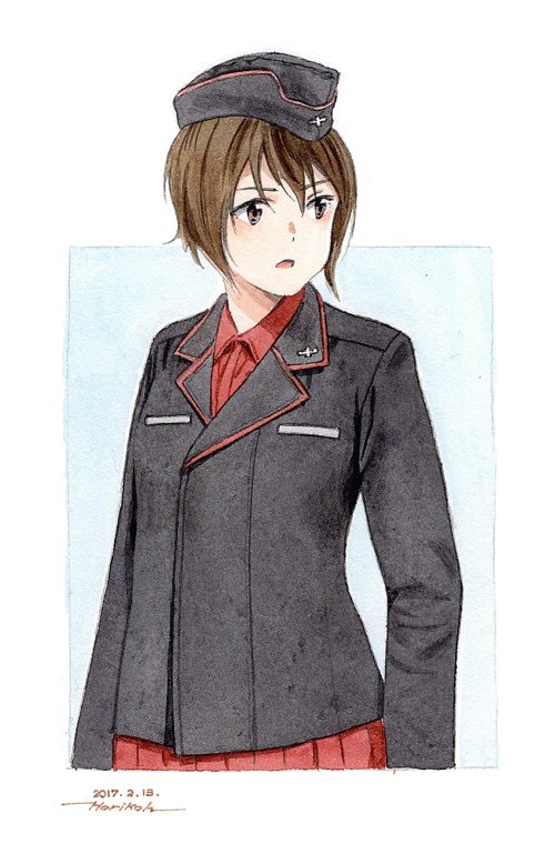 1girl artist_name bangs black_headwear black_jacket brown_eyes brown_hair commentary cropped_torso dated dress_shirt garrison_cap girls_und_panzer hat horikou insignia jacket kuromorimine_military_uniform long_sleeves looking_to_the_side military military_hat military_uniform nishizumi_maho open_mouth outside_border pleated_skirt red_shirt red_skirt shirt short_hair signature skirt solo traditional_media uniform upper_body watercolor_(medium) wing_collar