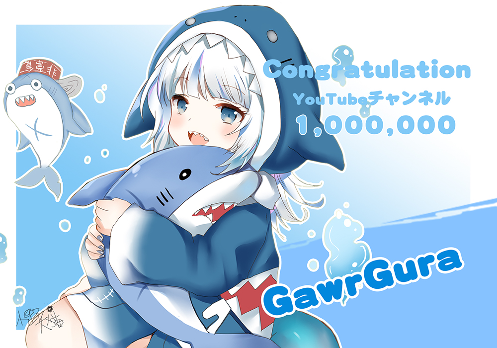 1girl :d animal_hood bangs bloop_(gawr_gura) blue_background blue_eyes blue_hair blue_hoodie character_name commentary_request congratulations eyebrows_visible_through_hair fish_tail gawr_gura grey_nails hololive hololive_english hood hood_up hoodie long_sleeves looking_at_viewer lunacats multicolored_hair nail_polish object_hug open_mouth shark_hood shark_tail sharp_teeth silver_hair sleeves_past_wrists smile streaked_hair stuffed_animal stuffed_shark stuffed_toy tail teeth translation_request virtual_youtuber wide_sleeves